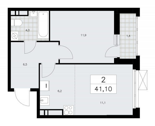 2-комнатная, 41.1 м²