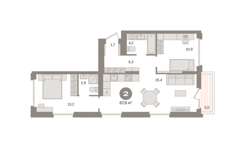 2-комнатная, квартира, 67.58 м²