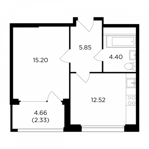1-комнатная, 40.3 м²
