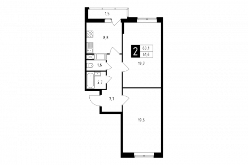 2-комнатная, квартира, 61.6 м²