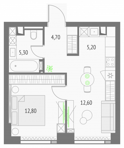 1-комнатная, квартира, 40.6 м²