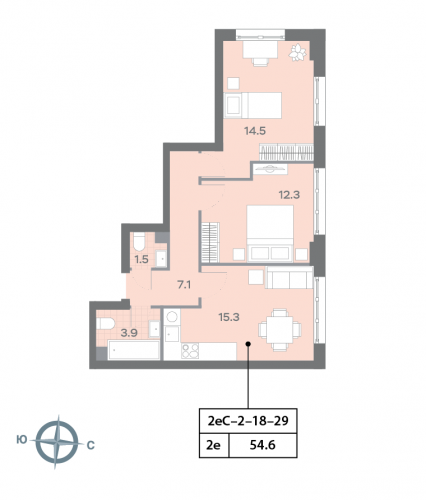 2-комнатная, квартира, 54.7 м²