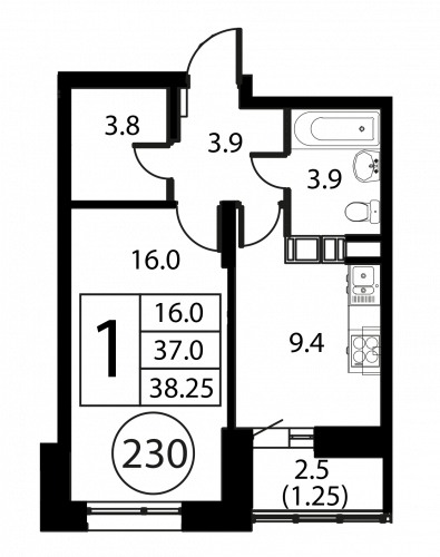 1-комнатная, квартира, 38.25 м²
