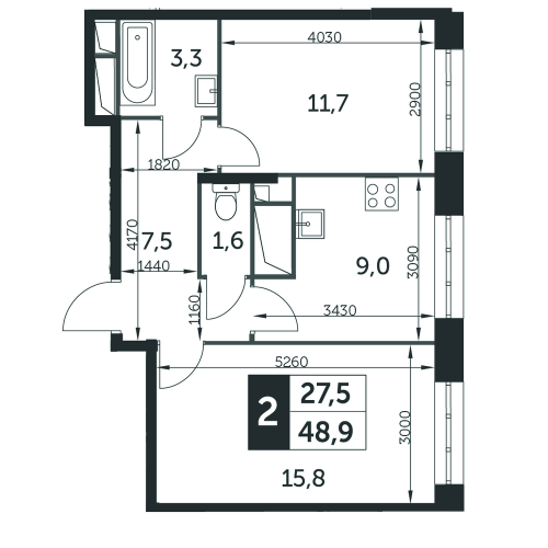 2-комнатная, квартира, 48.9 м²