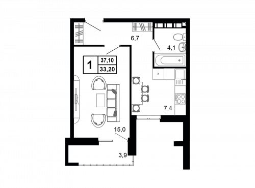 1-комнатная, квартира, 35.7 м²