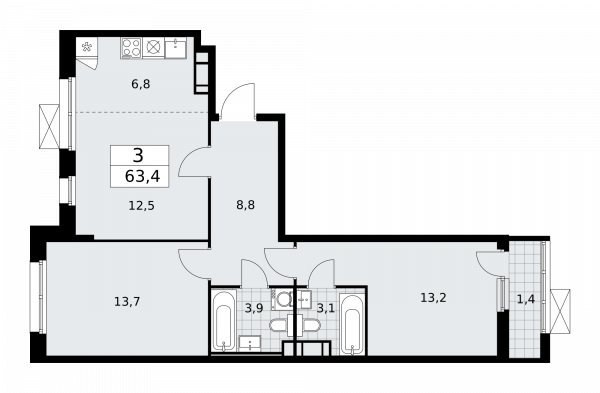 3 комнаты до 63.4
