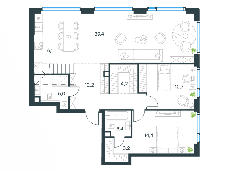5-комнатные апартаменты №354, 153,3 м² за 76,11 млн руб. в ЖК «Level Мичуринский» - планировка