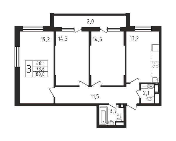 3 комнаты до 80.6