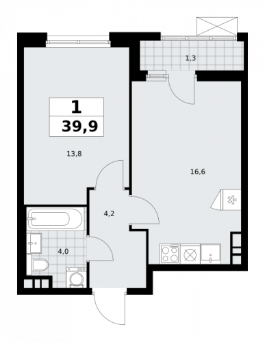 1-комнатная, 39.9 м²