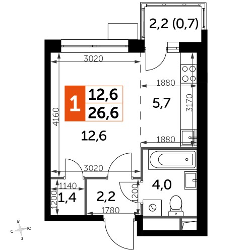 Студия, 26.6 м²