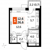 1-комнатная квартира 26,6 м²