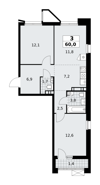 3-комнатная квартира №58К-7.1.2-378, 60,0 м² за 18,27 млн руб. в ЖК «Прокшино» - планировка