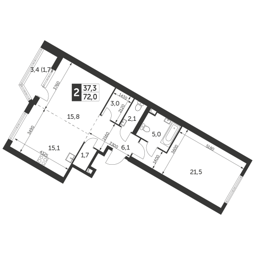 2-комнатная, квартира, 72 м²