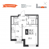 1-комнатная квартира 32,5 м²