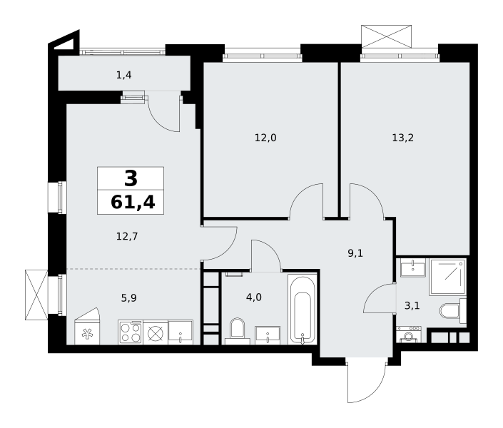 3-комнатная квартира №58К-7.1.1-47, 61,4 м² за 16,96 млн руб. в ЖК «Прокшино» - планировка