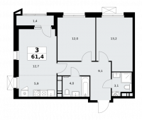 3-комнатная квартира 61,4 м²