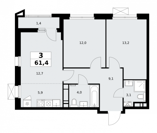 3 комнаты до 61.4