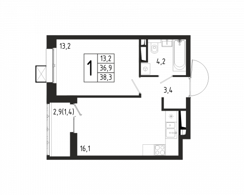 1-комнатная, квартира, 38.3 м²