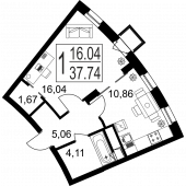 1-комнатная квартира 37,74 м²