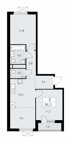3-комнатная, 56.3 м²