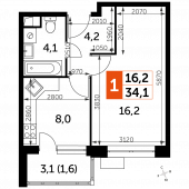 1-комнатная квартира 34,1 м²