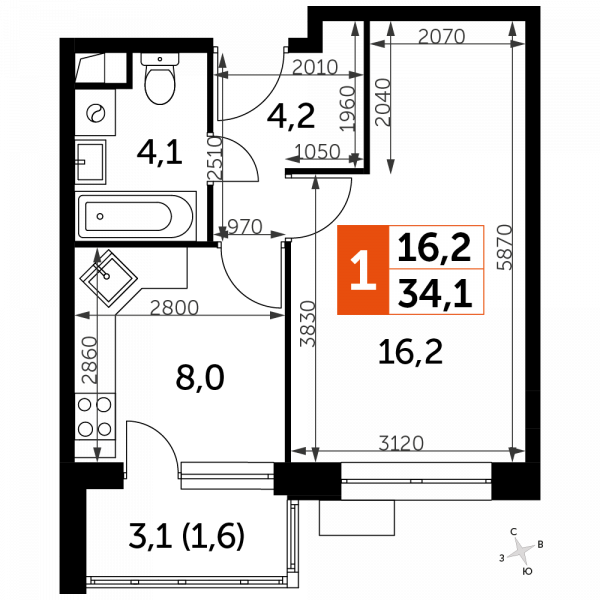 1 комната до 34.1
