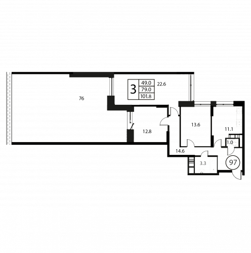 3-комнатная, квартира, 101.8 м²