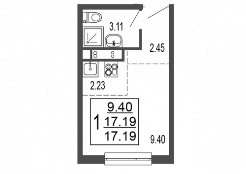 Студия, 17.6 м²