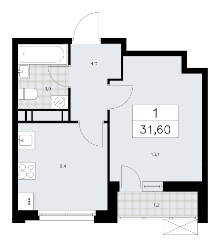 1-комнатная, 31.6 м²
