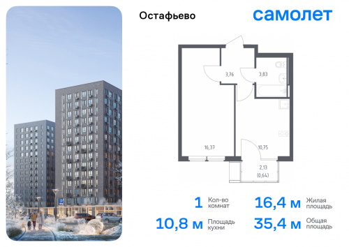 1-комнатная, 35.35 м²