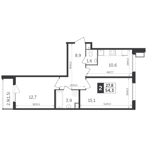 2-комнатная, квартира, 54.3 м²
