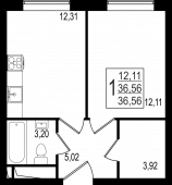 1-комнатная квартира 36,56 м²