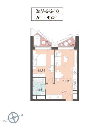 1-комнатная квартира №137652, 46,2 м² за 20,59 млн руб. в ЖК «Зиларт» - планировка