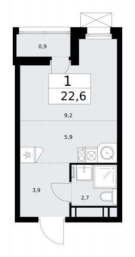 1-комнатная, 22.6 м²