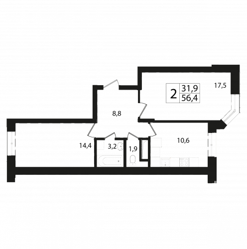 2-комнатная, квартира, 56.4 м²
