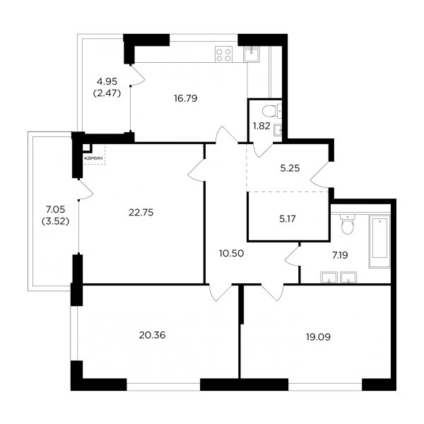 3-комнатная квартира №399, 114,9 м² за 60,89 млн руб. в ЖК «RiverSky» - планировка