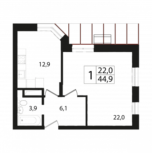 1-комнатная, квартира, 44.8 м²