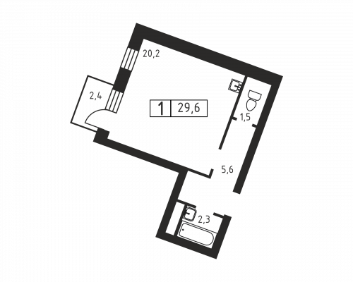 1-комнатная, 29.6 м²
