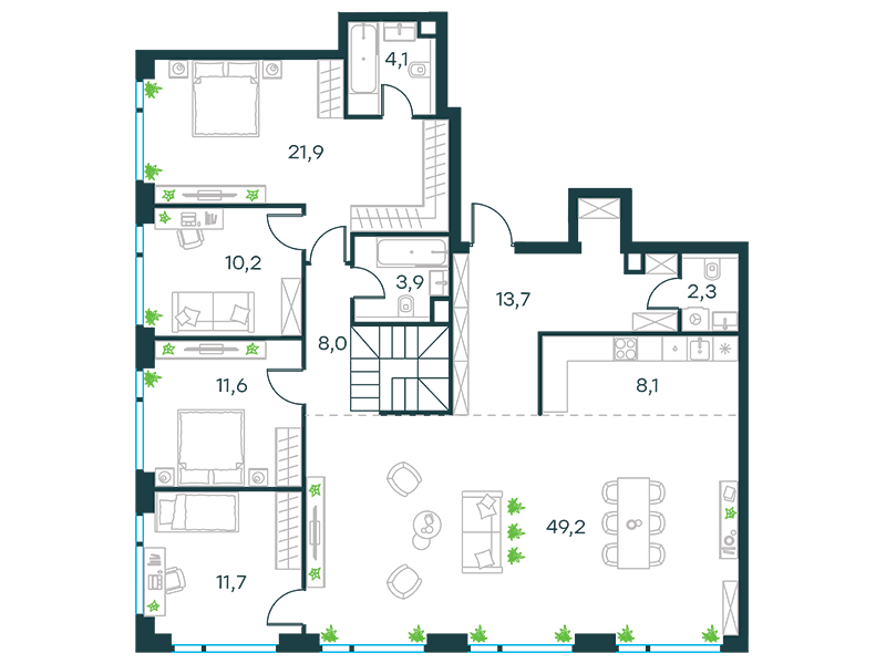 8-комнатные апартаменты №352, 245,9 м² за 91,25 млн руб. в ЖК «Level Мичуринский» - планировка