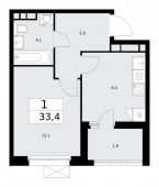 1-комнатная квартира 33,4 м²