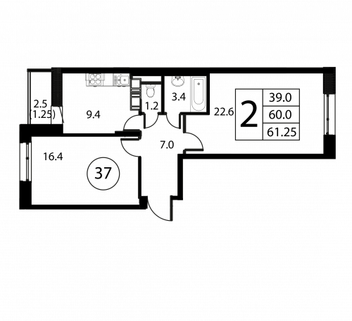 2-комнатная, квартира, 61.25 м²