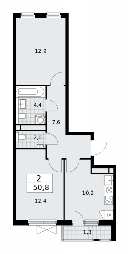 2-комнатная, 50.8 м²