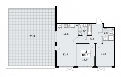 3-комнатная, 88.8 м²