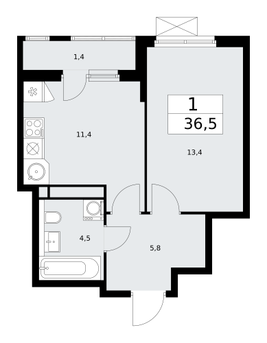 1-комнатная, 36.5 м²