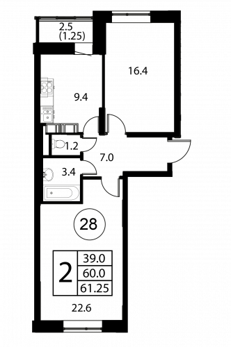 2-комнатная, квартира, 61.25 м²
