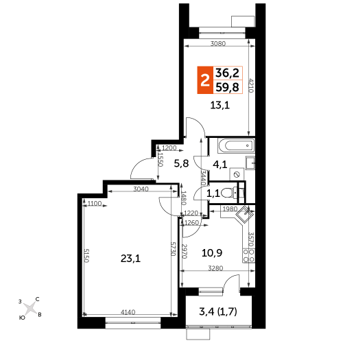 2-комнатная, 59.8 м²