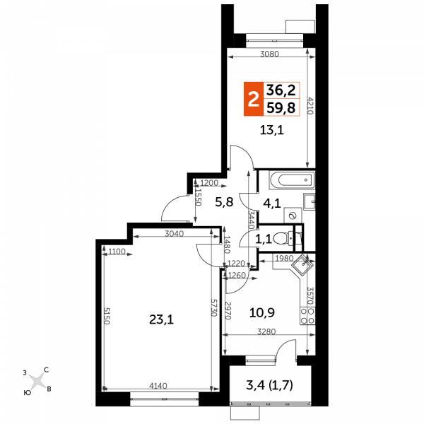 2 комнаты до 59.8