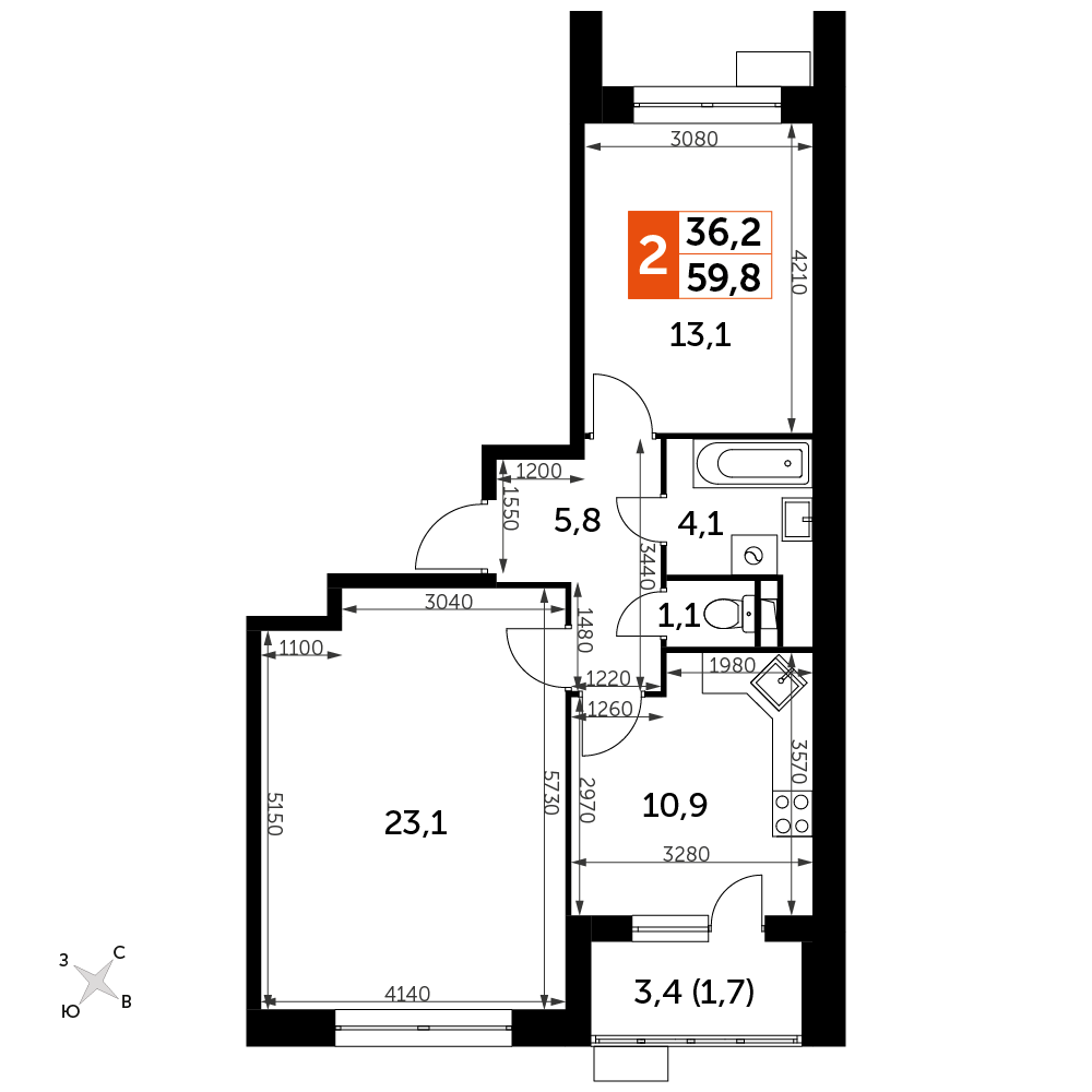 2-комнатная квартира №500, 59,8 м² за 11,31 млн руб. в ЖК «Датский квартал» - планировка