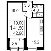 1-комнатная квартира 42.9 м²
