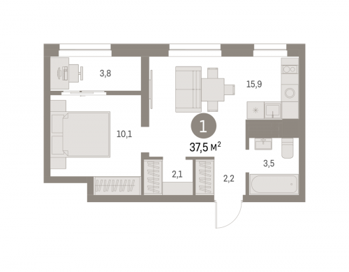 1-комнатная, 37.47 м²